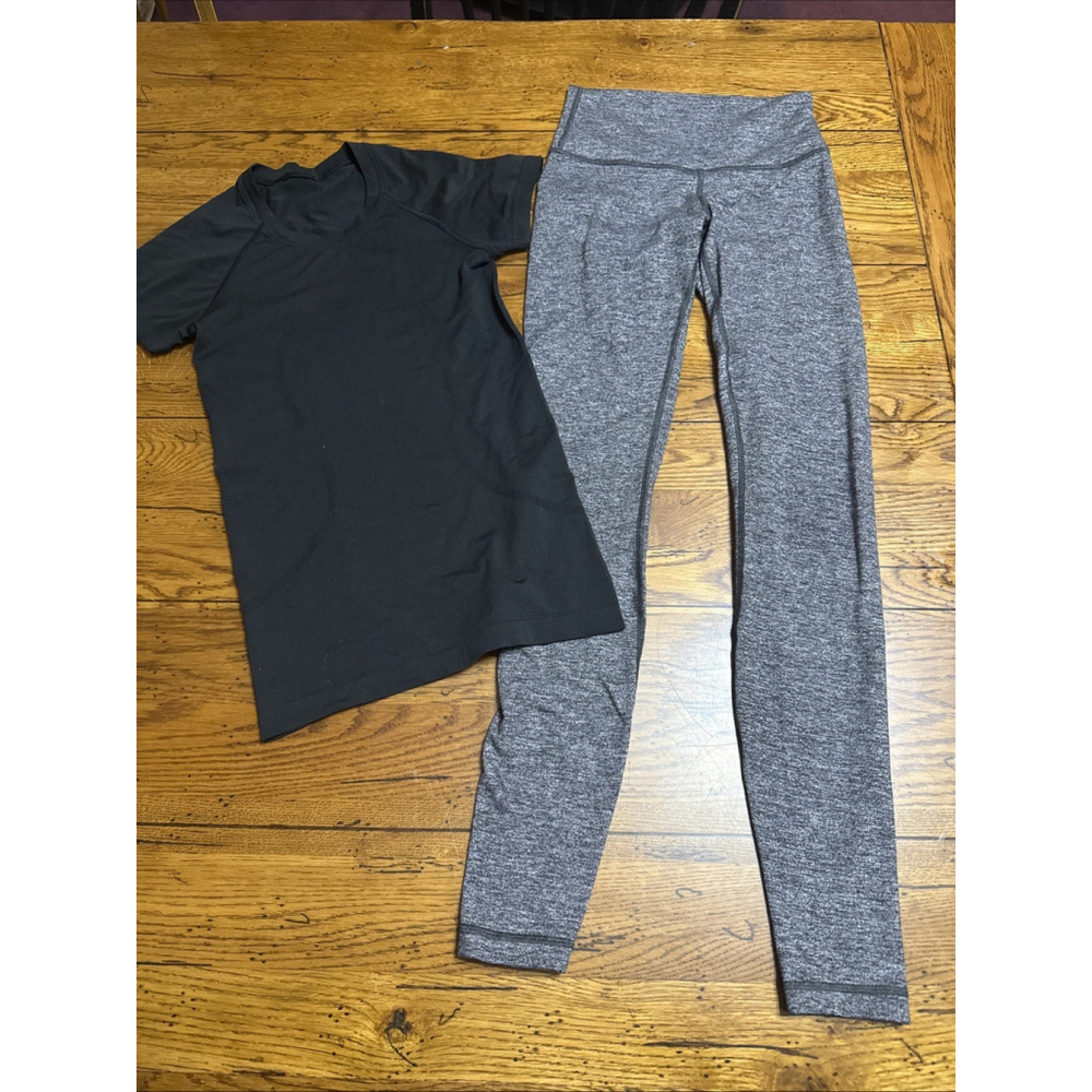 2 Lot Lululemon Womens Black Shirt,  Gray Sz4 Leggings LL 84